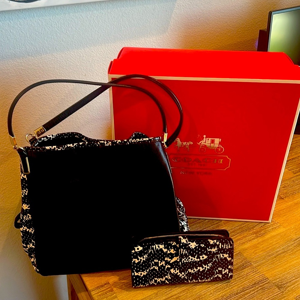 Black and white coach shoulder bag and matching wallet.  In original box.